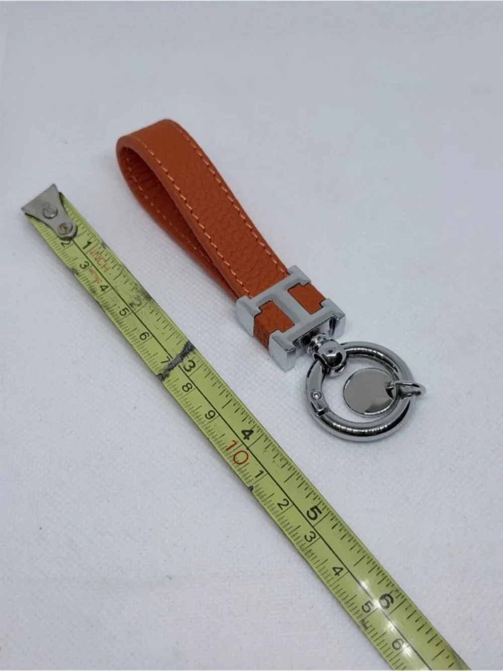 Orange Leather H Design Key Fob Bag Charm Silver Hardware 0896